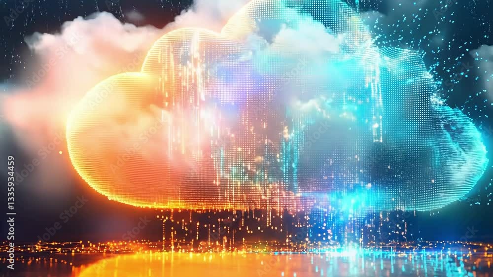 Poster vibrant digital cloud with colorful lights and abstract data streams, showcasing modern technology a