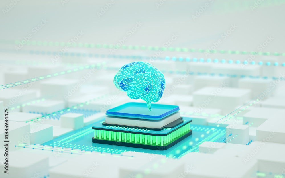 Poster 3d render technology, ai brain, generative ai, artificial intelligence data transfer, database, llm,