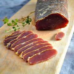 Thinly sliced cured meat, possibly bresaola, arranged on a wooden board. A larger piece of the meat is visible behind the slices.