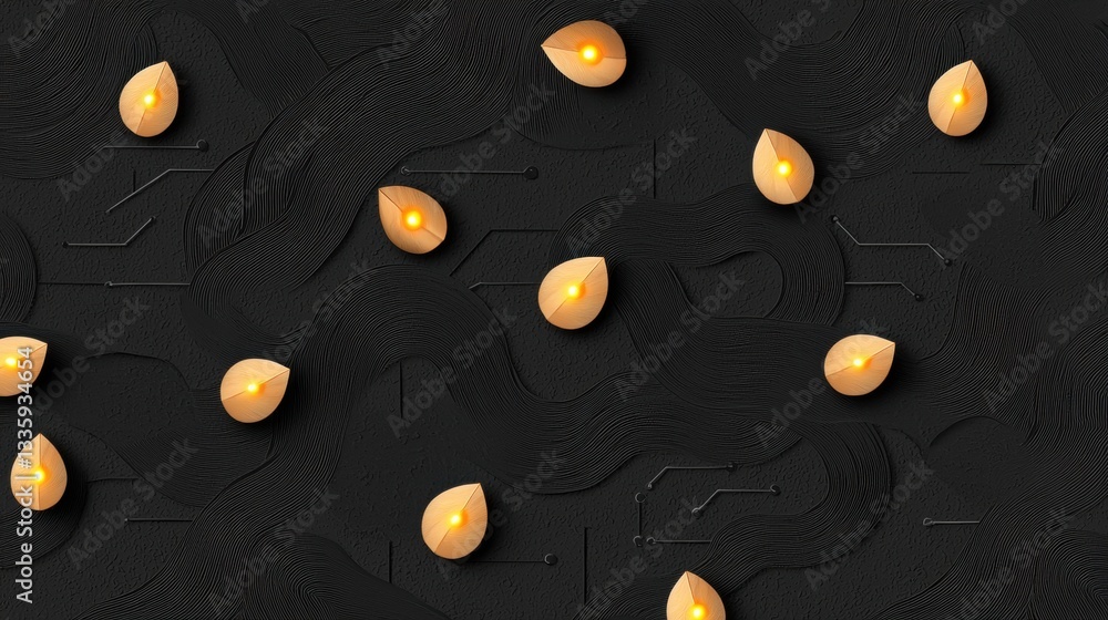 Poster a black background with a pattern of small, light-colored, teardrop-shaped objects and thin, dark li