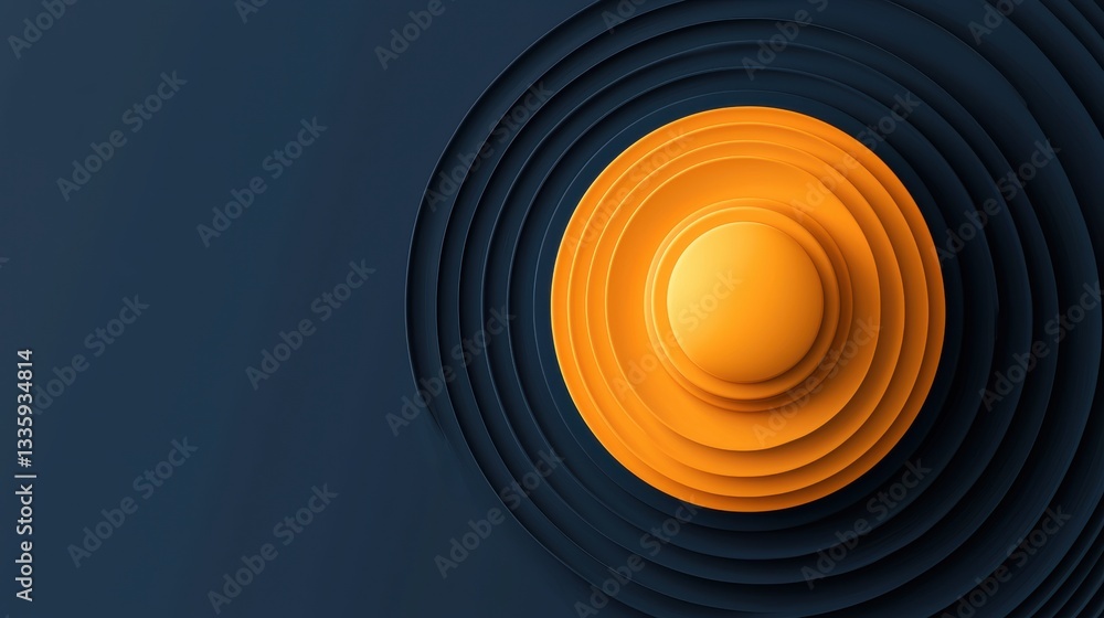 Poster a 3d rendering of a yellow sphere with concentric circles on a dark blue background.