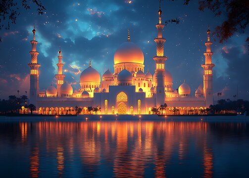Grand Mosque Night Scene Illuminated Architecture Beautiful Domed Building Peaceful Reflection Water