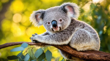 Fototapeta premium Cute Koala Relaxing on a Branch in a Lush Green Environment