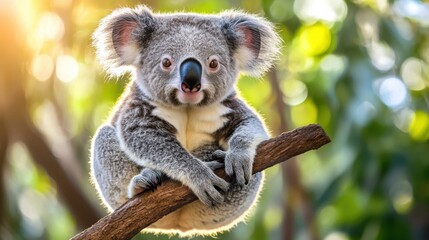 Obraz premium Cute Koala Sitting on a Branch Against a Lush Green Background
