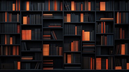 A black bookshelf with orange books.