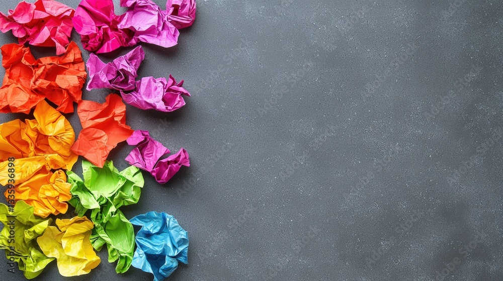 Poster bunch of colorful paper flowers in various shapes and sizes creating a vibrant decorative display