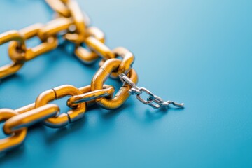 Fototapeta premium Golden chain links on a light blue background symbolizing connection strength and security in studio shot