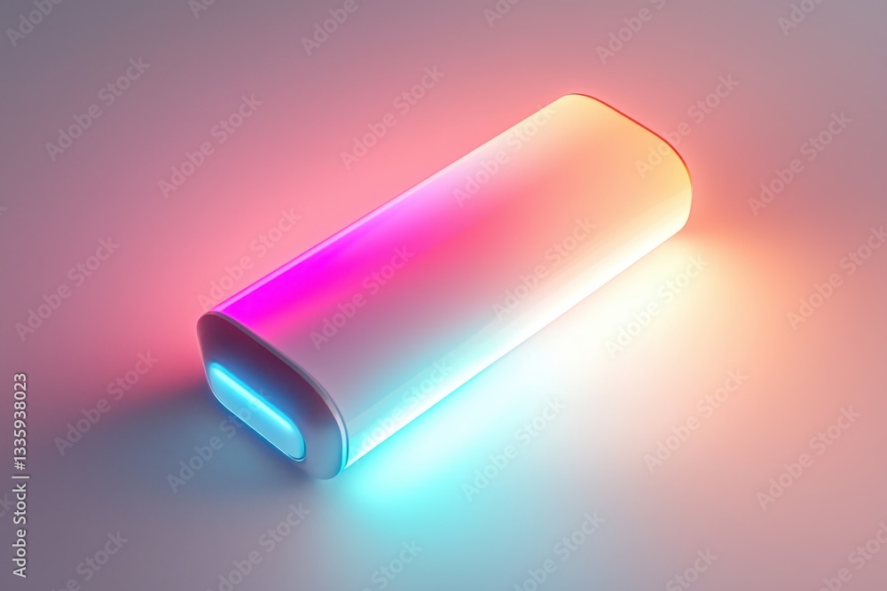 Aufkleber Rectangular futuristic object illuminated with colorful neon lights on a smooth surface and minimalist background