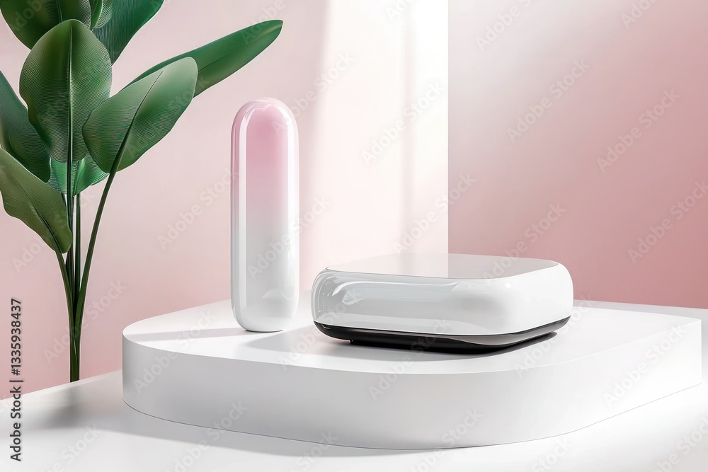 Poster product presentation on a display with subtle pink backdrop and a decorative plant for a stylish sho