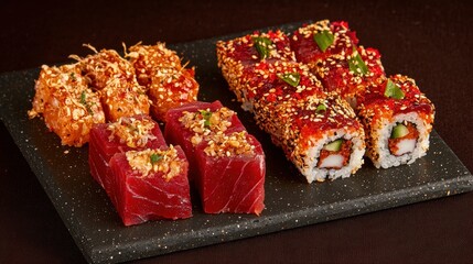 A black plate with sushi rolls and tuna.