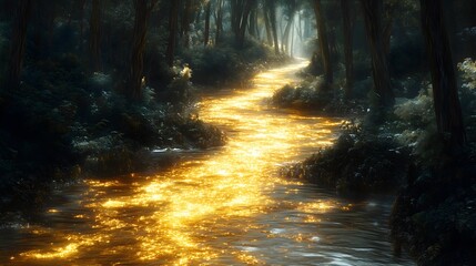 Obraz premium Surreal landscape featuring a shimmering river of gold winding through a dense forest at twilight
