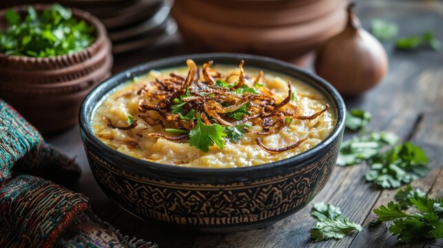 Appetizing traditional haleem in bowl on wooden table adorned with fresh cilantro and fried onion strings showcasing rich asian cuisine