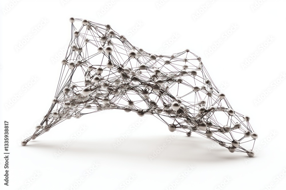 Aufkleber Networked Future Abstract Connection Silver Metal Dots and Line Structure on Pure White Backdrop High Angle