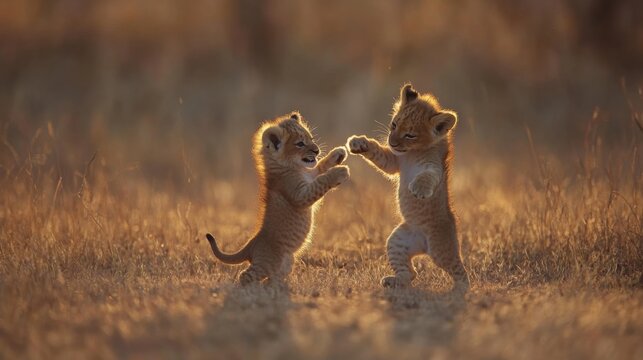 Playful Lion Cubs Engaging in Joyful Sparring Under Sunset Glow - Powered by Adobe