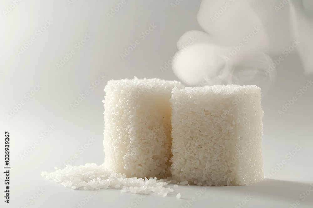Poster two columns of fresh cooked white rice on a white background with soft vapor in a studio shot