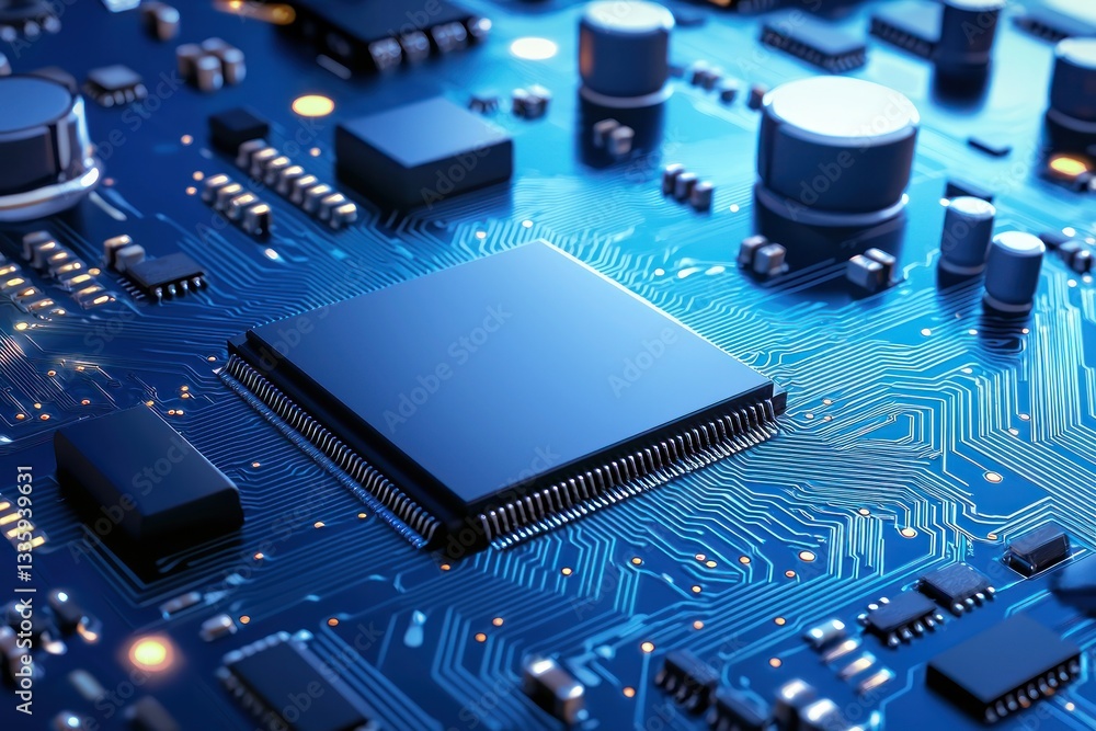 Poster detailed electronic circuit board close up for technical innovation and modern computer technology