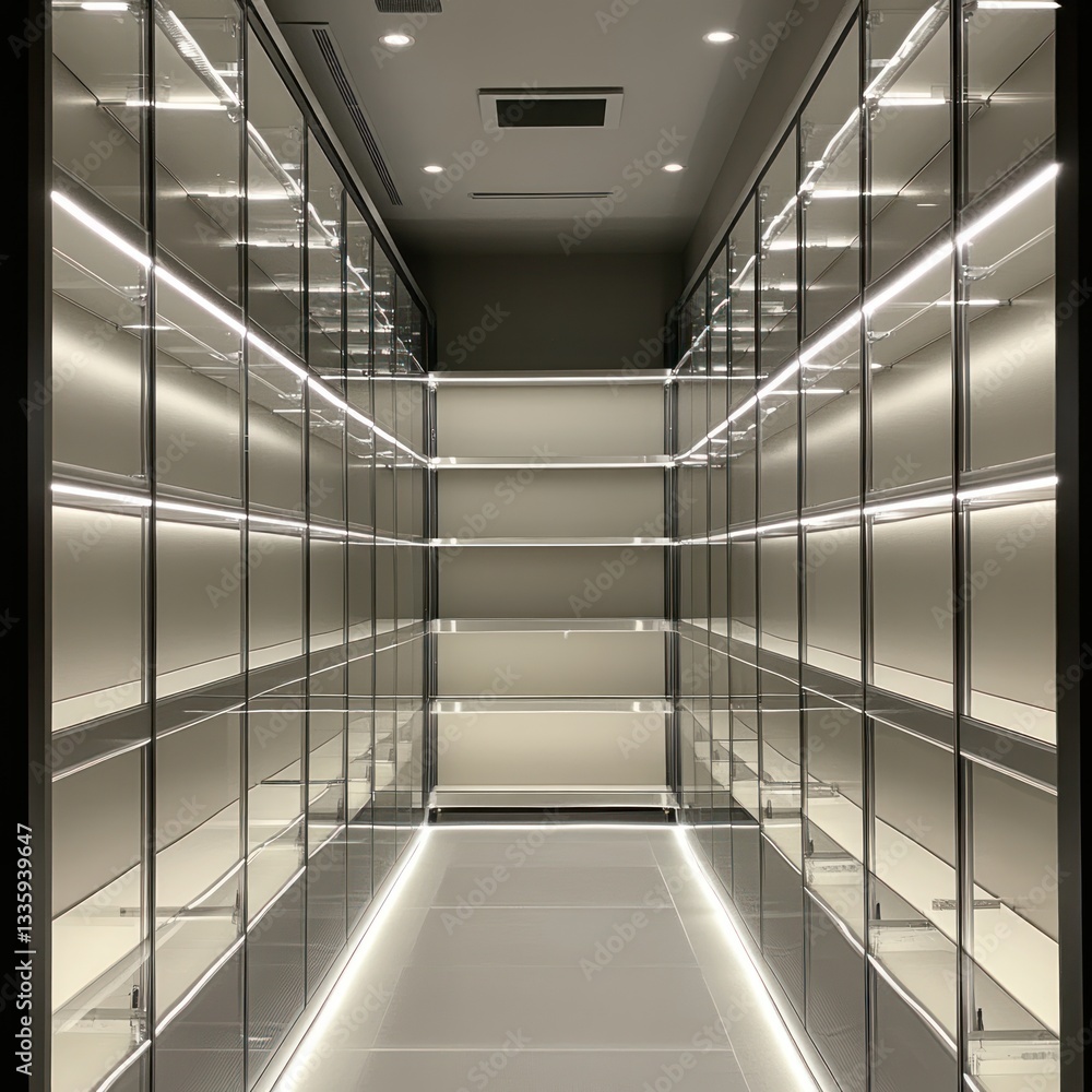 Poster illuminated display showcases empty shelves in a minimalist store aesthetic space with modern design