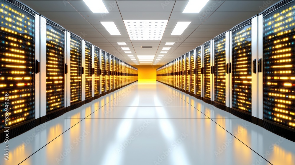 Poster Futuristic Data Center Room Hosting Powerful Server Racks Illuminated by Bright Lights for Digital Solutions