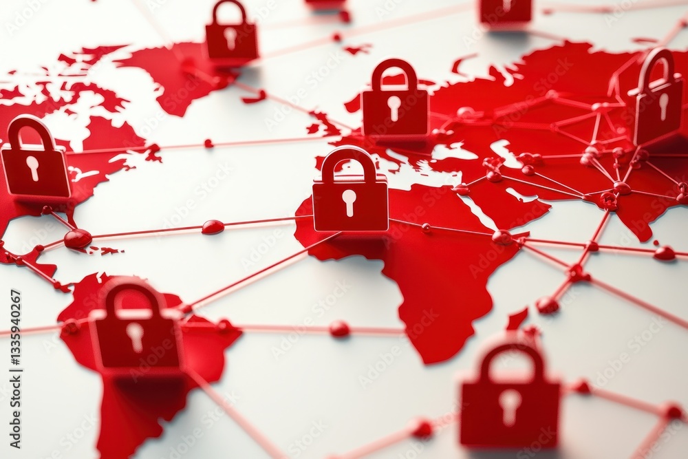 Leinwandbilder Global network security concept featuring red padlocks connecting the world data transfer encryption