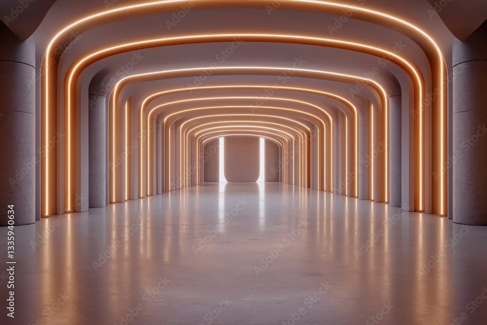 Aufkleber perspective of endless illuminated corridor with rhythmic pillars and glowing light in a modern buil