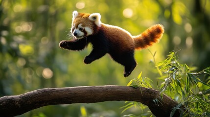 Fototapeta premium Red Panda in Motion Jumping through Lush Green Forest Environment