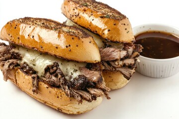 Savory French Dip Sandwiches with Melted Cheese and Au Jus for a Delicious Culinary Experience