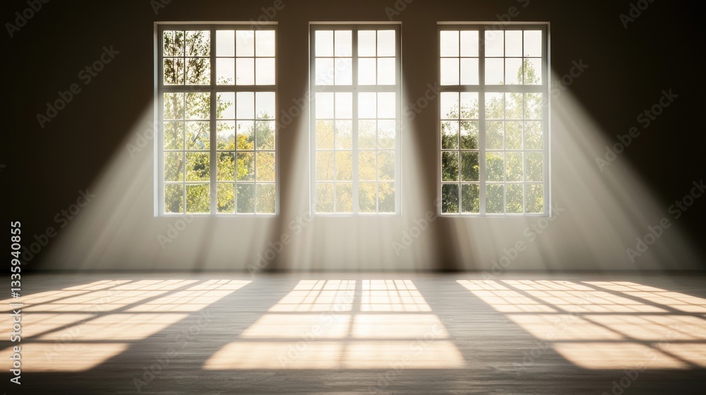 Poster sunlight streaming through three large windows in a spacious room.