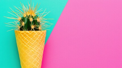 Colorful Cactus in Ice Cream Cone on Bright Background