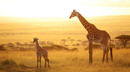 Obraz premium Serene Giraffes in Golden Sunset Over African Savanna Landscape
