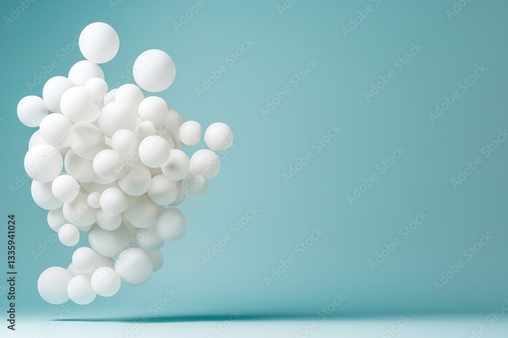 Poster Floating white spheres cluster on soft blue backdrop creating visual intrigue modern art scene backdrop concept space