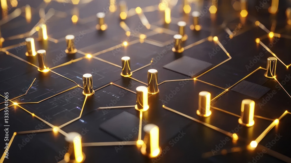 Poster Neural network of gold connections on a dark surface with golden points abstract future system