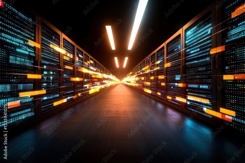 Poster Data center server room with glowing lights and network activity for cybersecurity or big data storage