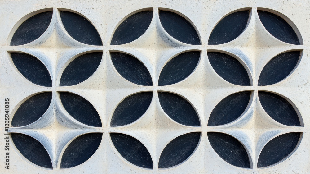 Poster a white wall with a repeating pattern of black circles and lines.