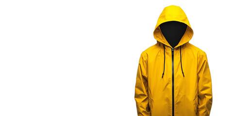 Person in a hooded yellow raincoat stands alone. A symbol of mystery, anonymity, or even a hidden threat. Isolated, transparent background, png.