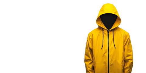 Person in a hooded yellow raincoat stands alone. A symbol of mystery, anonymity, or even a hidden threat. Isolated, transparent background, png.