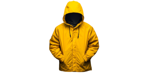 Yellow hooded raincoat on a black background, offering weather protection and a vibrant splash of color. Isolated, transparent background, png.