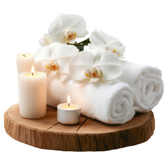 Towels, candles, and an orchid on a wooden board, isolated on a transparent background. PNG