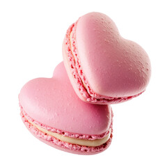 two pink heart shaped macarons isolated on white or transparent background