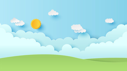 Vector illustration of park scenery with mountain and cloud sky on a sunny day. Nature landscape background. Paper cut and craft style illustration