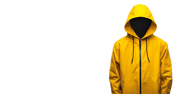 Person in a hooded yellow raincoat stands alone. A symbol of mystery, anonymity, or even a hidden threat. Isolated, transparent background, png.