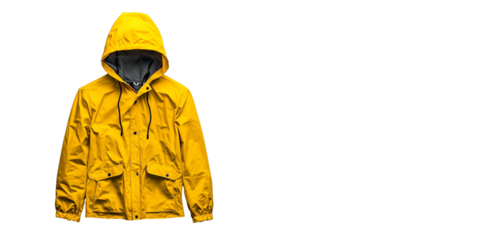 Bright yellow hooded raincoat with pockets. Waterproof and durable, this jacket is perfect for staying dry in style. Ideal for rainy days. Isolated, transparent background, png.