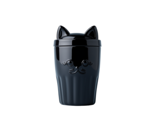 Sleek black container with cat ears and face design. It looks modern and minimalist. Isolated, transparent background, png.
