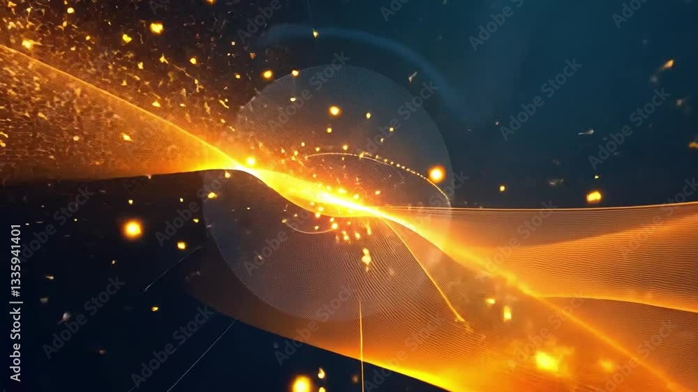 Poster abstract glowing lines and particles dynamic visual effect of orange and gold against dark backgroun