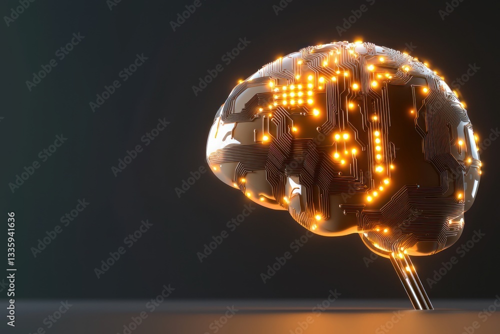 Poster Illuminated brain with circuit patterns represents intelligence and modern technology on gray backdrop
