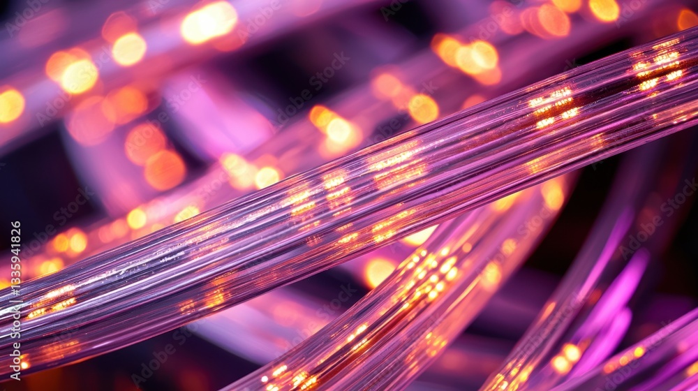Poster Captivating close up of purple and orange glowing led light strings creating an vibrant energy feeling modern