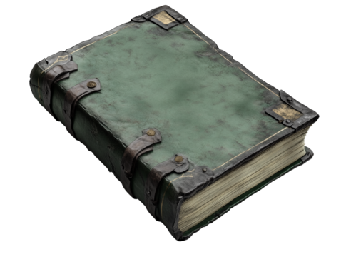 Vintage, green-covered tome, bound with metal fittings and straps, appearing weathered and aged. Isolated, transparent background, png.