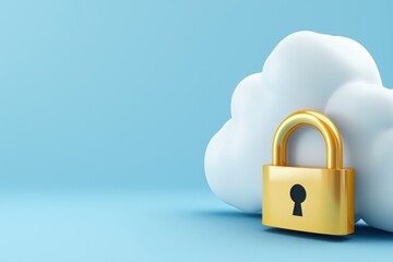 Digital defense concept shiny golden padlock guarding white cloud on pastel blue background data security