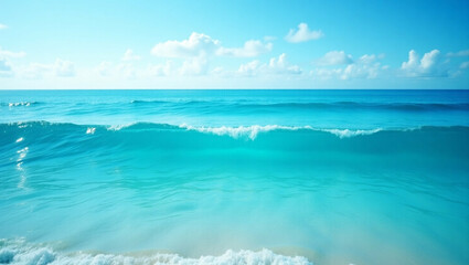 Obraz premium Turquoise dream: Serene ocean vista under a calming blue sky with puffy clouds