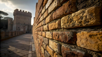 Ancient Roman Brick Wall Bathed In Warm Sunset Light, Near A Majestic Castle, Whispering Tales Of Emperors And Legions