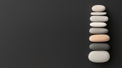 A row of seven stones in various colors and sizes, arranged vertically.